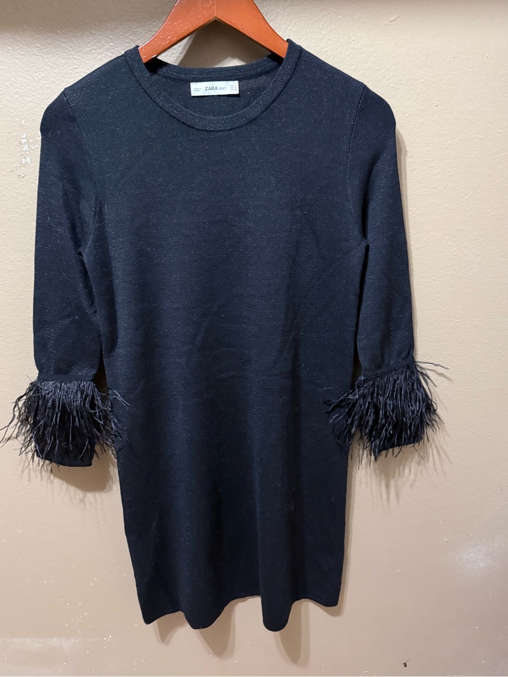 ZARA Knit Black Shimmer Mini Dress with Feather Cuffs - Elegant & Chic
